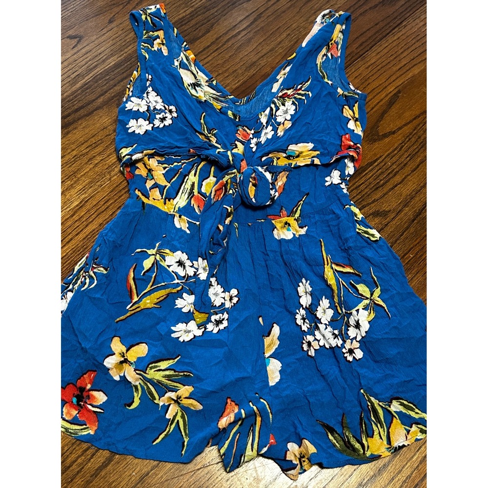Band of Gypsies Blue Floral Tie Front Cutout Romper Womens Small Sleeveless Boho